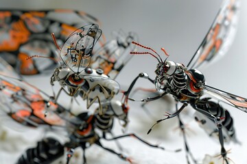 Capture a group of robotic insects in action showcasing the precision and efficiency of their movements