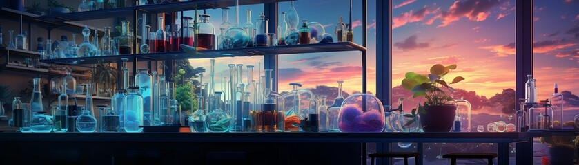 A serene lab setting showing the peaceful coexistence of glassware and hightech deep learning devices in scientific research , Puzzle, idea, concept, Vivid style, jigsaws, - obrazy, fototapety, plakaty