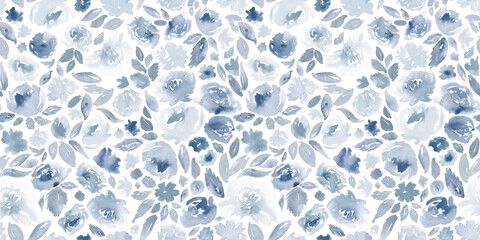Watercolour floral in dusty blue and faded navy. Seamless pattern.  - 793830124