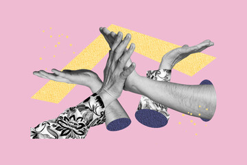 Composite photo collage of hands give high five gesture business people cooperation success deal coworking isolated on painted background