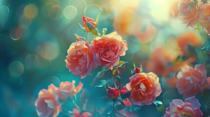 Fototapeta na wymiar Cluster of vibrant Floribunda roses against a blurred background.