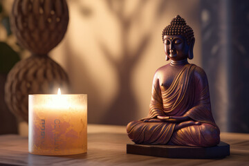 Buddha statuette and candle on wooden table in cozy interior. Buddha Purnima. Vesak day. Buddhist Holiday