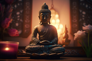 Buddha statuette and candles on wooden table in interior. Buddha Purnima. Vesak day. Buddhist Holiday - Powered by Adobe