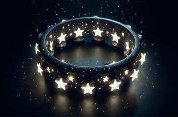 a tambourine covered in stars, glowing in the dark