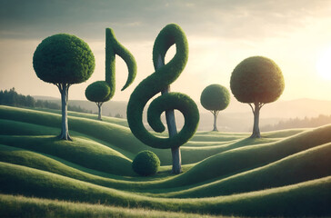 a landscape where the trees are shaped like musical notes