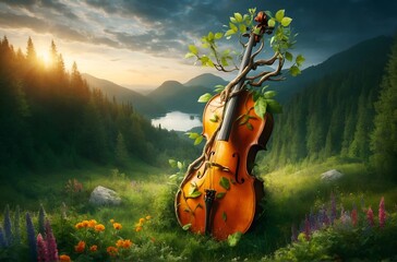 a cello from which branches and leaves are growing