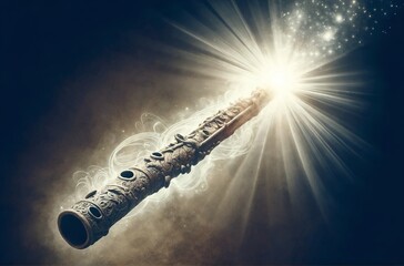 an ancient flute emitting a bright light