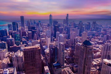 Fototapeta na wymiar Chicago cityscape aerial view, High rise buildings, cloudy sky background, Chicago, United States 
