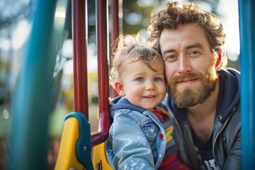 Happy father and little son playing and having fun over playground background