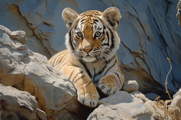 A tiger cub looking over a group of rocks. Sumatran tiger cub. Tiger cub focus on his face