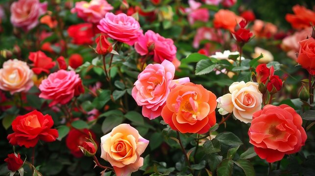 Elegant Floribunda roses blooming in a riot of colors.