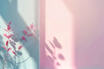 tree branch leans against the half blue wall, lighting from window, shadow on the half pink wall with copy space 