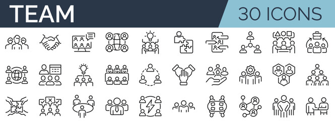 Set of 30 outline icons related to team. Linear icon collection. Editable stroke. Vector illustration - 793831978
