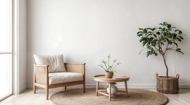 Minimalist nomadic interior background. Home mockup, minimalist simple room interior, wall mockup. View of modern scandinavian style interior with chair and trendy vase, Home staging and minimalism co