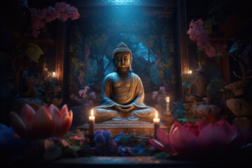 Buddha statue and lotus flowers in the temple. Statue of Meditating Buddha with pink lotuses and candles on dark background. Buddha Purnima. Vesak day. Buddhist Holiday background