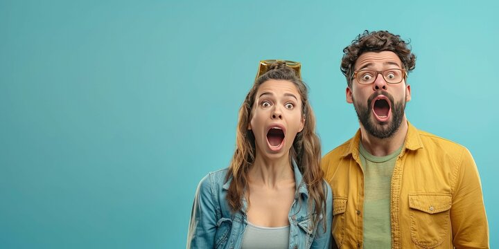 shocked people, isolated on a left side of pastel blue background with copy space