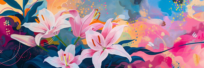 Abstract Lilies Panorama, Fluid Shapes and Splashes of Color, Contemporary Floral Tapestry