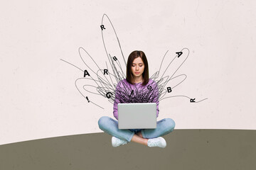 3D photo collage artwork composite sketch image of silhouette young woman sit hold laptop on legs...