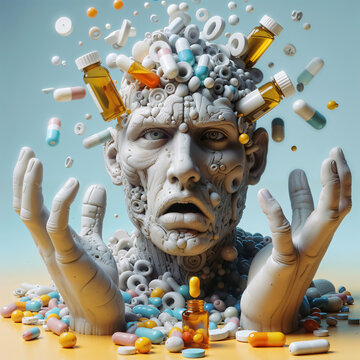 surreal man's face surrounded by pills