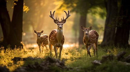 A herd of deer peacefully gathered in the forest, standing together in unity