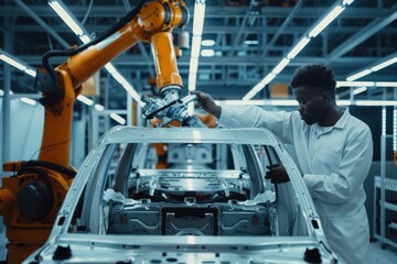 Man Working on Car in Factory