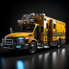 Ambulance car on black background with reflective surface. 3d rendering
