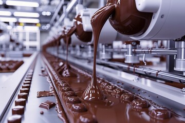 Modern chocolate factory production line, showing a stream of molten chocolate pouring into molds, clean and precise, with robotic arms , unique hyper-realistic illustrations