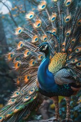 Majestic werewolfpeacock hybrid displaying a vibrant tail of feathers, moonlit forest background, blending wildness with beauty , professional color grading