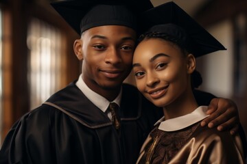 Obraz premium A young black couple in graduation gowns graduate. Two happy smiling university graduates