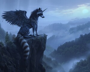 Mysterious pegasusraccoon perched on a high cliff, overlooking a misty valley, wings spread wide, ready to glide into the night , high detailed - obrazy, fototapety, plakaty