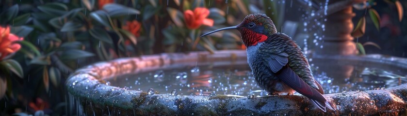 Peaceful yet eerie vampirehummingbird perched beside an ancient fountain at dusk, soft water sounds mingling with whispers of folklore , high detailed