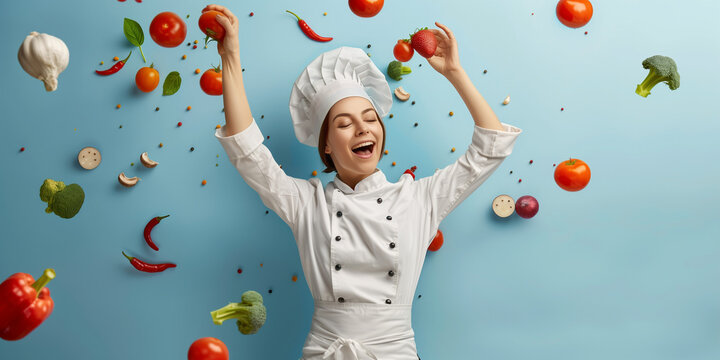 A dynamic scene capturing a female cook skillfully chopping vegetables in mid-air, showcasing culinary expertise and precision. The vibrant colors and motion convey a sense of energy and excitement