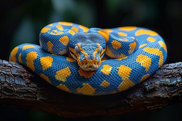 Obraz premium Burmese Python: Coiled around a tree branch with a distinctive pattern, representing exoticism.