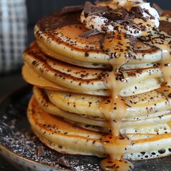 Closeup of a stack of tiramisu pancakes, coffee drizzle cascading down the sides, topped with a delicate sprinkle of dark chocolate shavings , high detailed