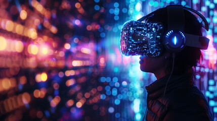 Woman Wearing VR headset experiencing virtual reality, exploration metaverse modern advanced tech future progress playing cyber game experience gaming outdoors