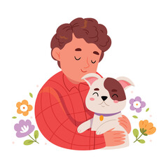 A boy hugs a dog.Kid and dog vector illustration, children puppy friend, pup animal owner happy child cartoon vector illustration, little dogs playing image isolated on white background