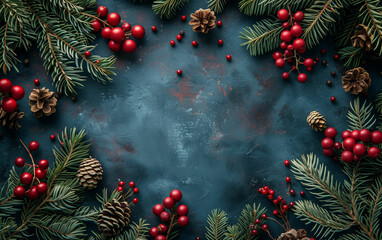 Fototapeta na wymiar Christmas wreath with pine cones and red berries. Generative AI