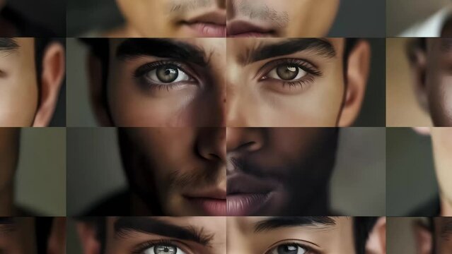 Human male faces composition timelapse. Diversity and uniqueness concept. Close up on faces looking into the camera
