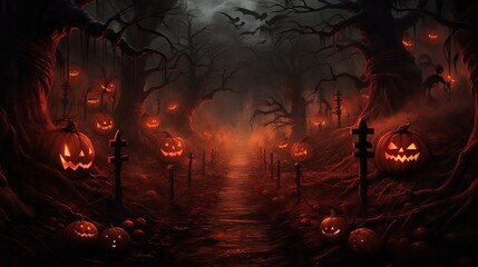 A Creepy Halloween Scene With Pumpkins and Jack-o-Lanterns