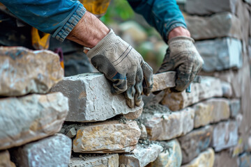 Worker or mason hands laying bricks. Bricklayer works at brick row. Brickwork on construction site