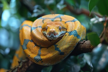 Fototapeta premium Burmese Python: Coiled around a tree branch with a distinctive pattern, representing exoticism.