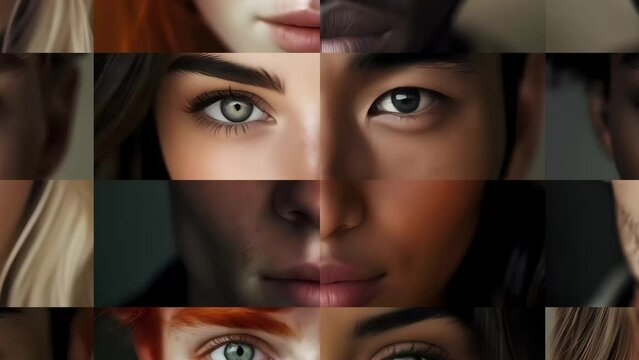 Human male faces composition timelapse. Diversity and uniqueness concept. Close up on faces looking into the camera