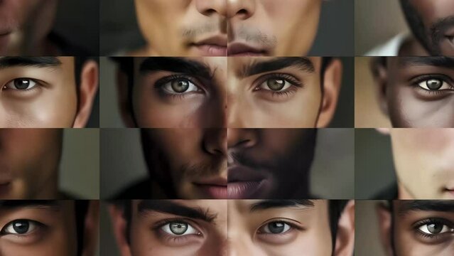 Human male faces composition timelapse. Diversity and uniqueness concept. Close up on faces looking into the camera