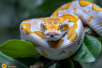 Fototapeta premium Burmese Python: Coiled around a tree branch with a distinctive pattern, representing exoticism.