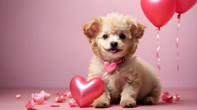 A happy poodle puppy on Valentine's Day or her birthday is carrying a pink balloon in the shape of a heart. 