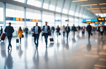 defocused image of people rushing on business at the airport, out of focus, blurred background, city bustle atmosphere