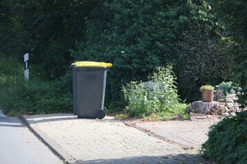 Large, dark plastic garbage cans with yellow lids sit on the side of the road ready for collection