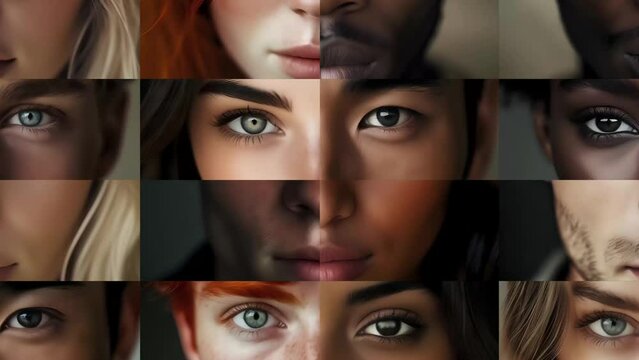 Human male faces composition timelapse. Diversity and uniqueness concept. Close up on faces looking into the camera