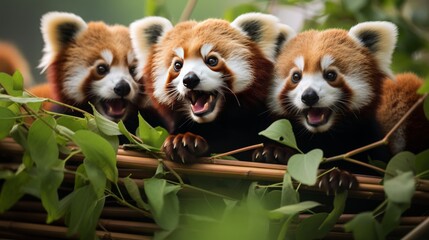 A group of adorable red pandas relaxing on top of a bamboo basket