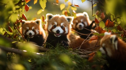 A group of red pandas sit peacefully in a lush forest setting